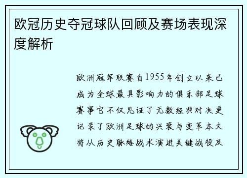 欧冠历史夺冠球队回顾及赛场表现深度解析